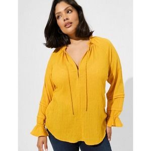 Torrid Womens Yellow Stripe Gauze Lace Up Peasant Top Size 1, 1X, 14-16 NWT